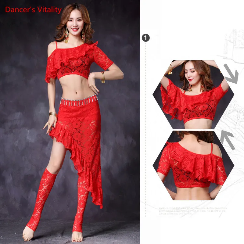 Women 2-Piece sexy Belly Dance Costume Lace Top + Short Skirt Belly Dancer Performance Practice costume