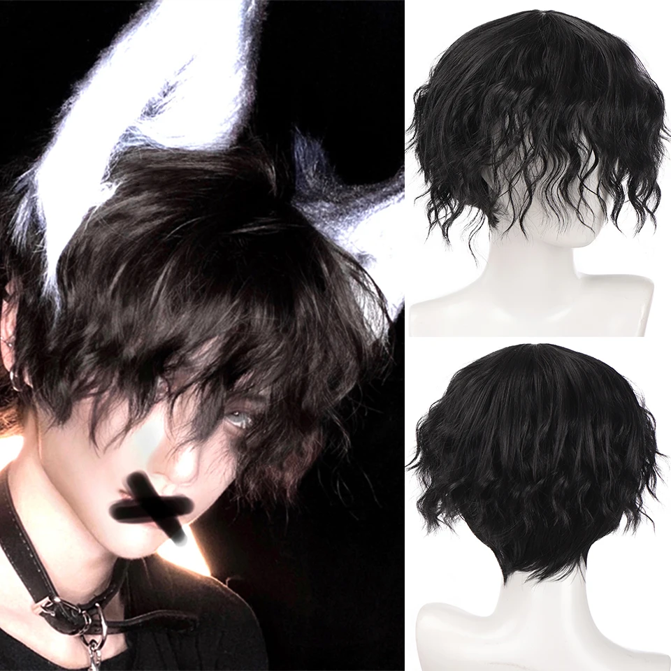 AILIADE Synthetic Short Curly Wigs for Men Boys Dark Green Hair Machine Made Heat Resistant Daily Party Anime Cosplay Wig