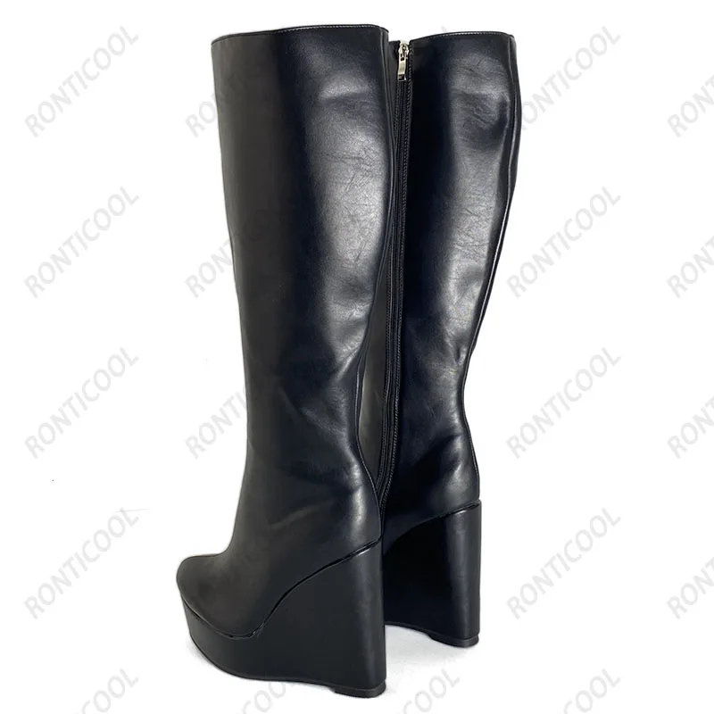 Ronticool New Women Winter Knee Boots Unisex Faux Leather Wedges Heel Round Toe Classic Black Cosplay Shoes Plus US Size 5-20