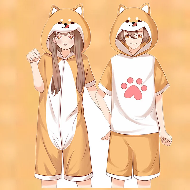 Kawaii Shiba Inu Pajamas Onesie Adults Kigurumi Corgi Hooded Sleepwear Plus Size Cute Anime Short Jumpsuit Women Men Nightwear