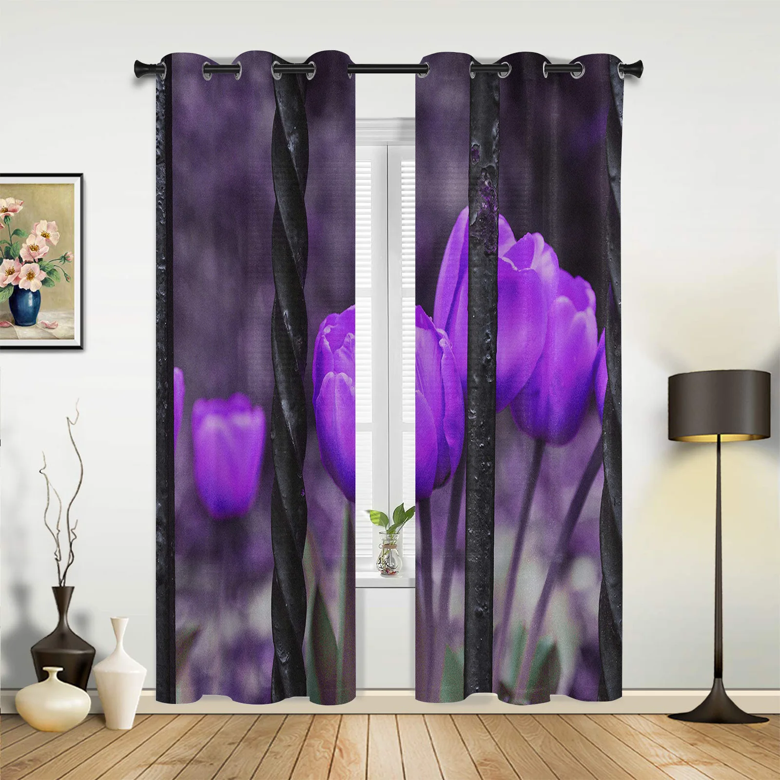 Patio Curtain Iron Railing Purple Tulips Kitchen Curtains In The Modern Living Room Bedroom Dining Room Translucent Curtain