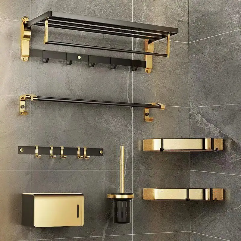 Black Gold luxury Towel Hanger Wall Mounted Bathroom tissue box Towel Bar wall hook Space Aluminum Shelf Toilet Holder PunchFree