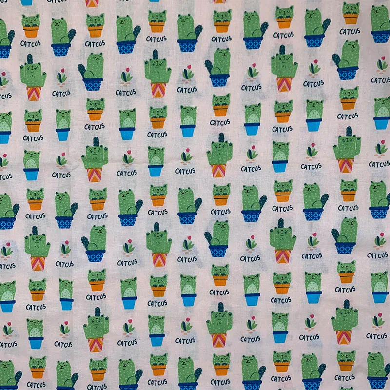 100%Cotton Fabric Light yellow Cartoon cactus cat pattern Digital Printing Sewing Material Children Fabric Diy Dress Clothing