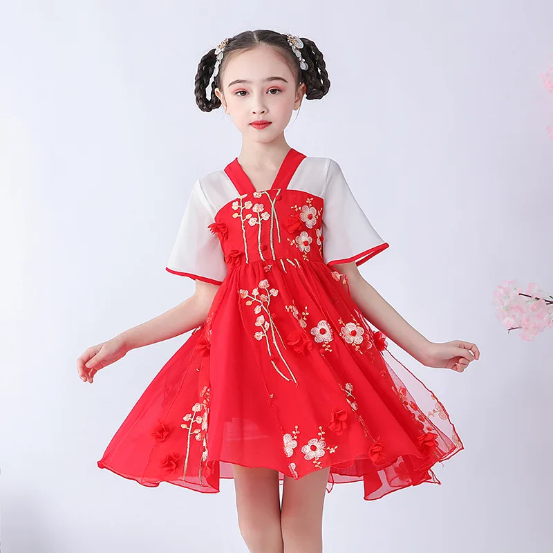 Nieuwe Zomer Sweet Kids Jurk Voor Meisjes Chinese Stijl Tiener Hanfu Nieuwe Jaar Kerst Kinderen Uitloper Kleding Cheongsam