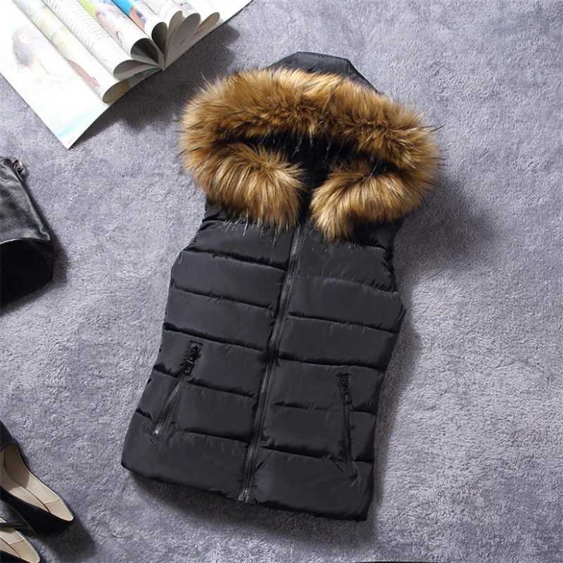 Women Autumn Winter Vest Hooded Fur Collar Sleeveless Zipper Pocket Casual Waistcoat Slim Waist Plus Size Big