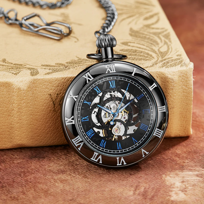 Roman Numeral Classic Mechanical Pocket Watch Antique Steampunk Skeleton Dial Black Fob Chain Clock for Men Women Dropshipping