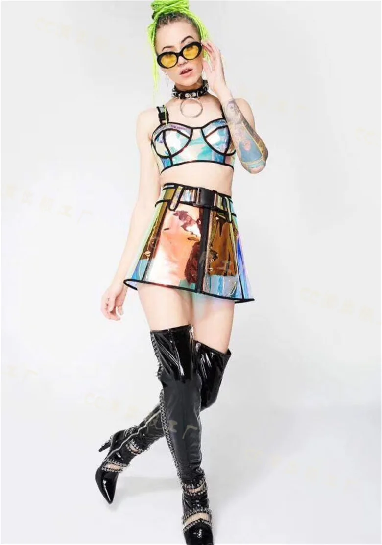 Conjunto de sujetador con holograma láser y falda para mujer, disfraces sexys para fiesta, Festival de Música, club nocturno, inicio automático, espectáculo Harajuku