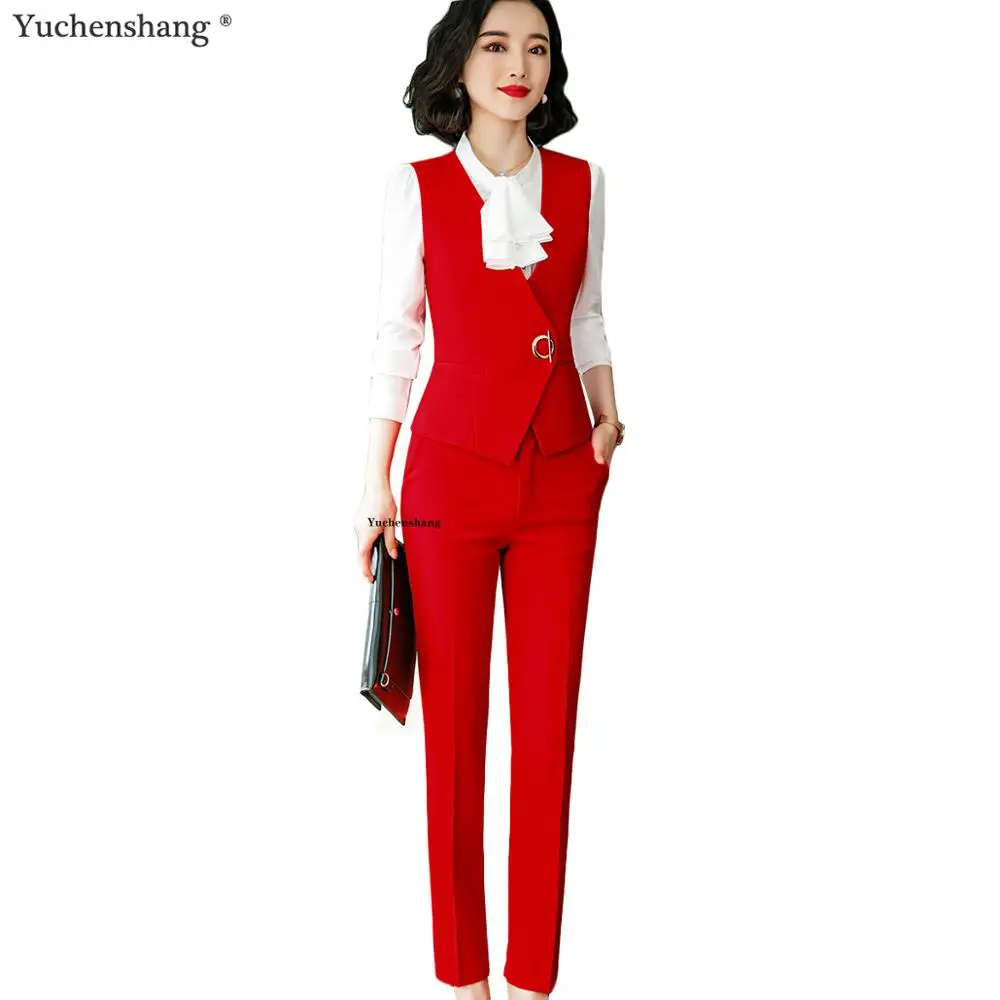 Elegante tailleur pantalone da donna rosso slim senza maniche gilet blazer e pantaloni set da due pezzi per abbigliamento da lavoro da donna da