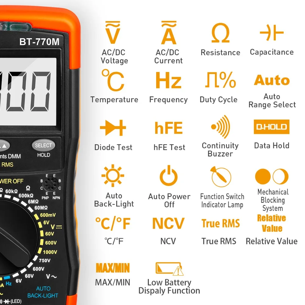 BTMETER BT-770M Digital Multimeter True RMS Auto Manual Ranging Multimeter Tester for AC DC Amp Ohm Volt NCV,6000 Counts