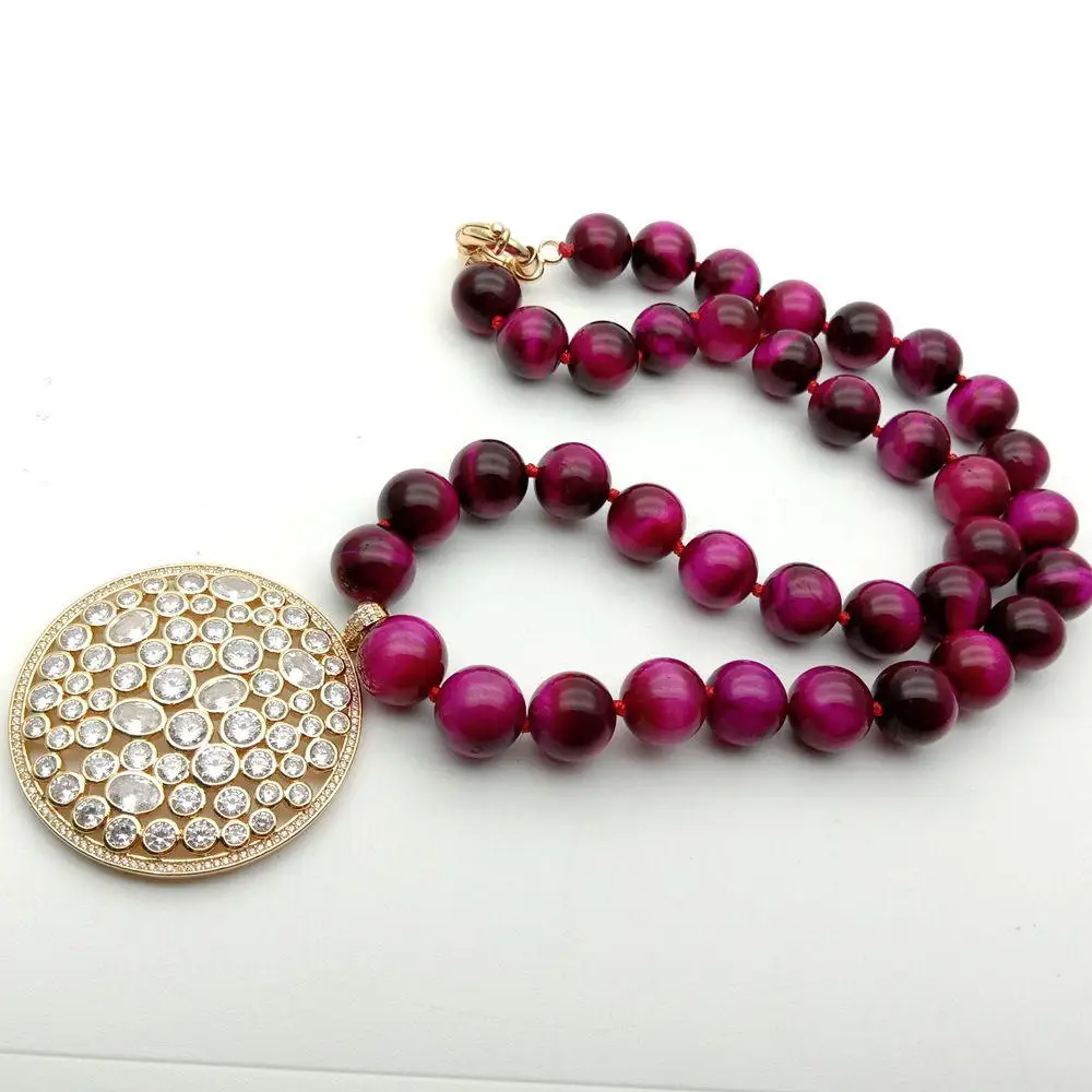 23'' cz pave gold plated big coin pendant 14mm Round Fuchsia Tiger Eye Necklace necklace ethnic style for women