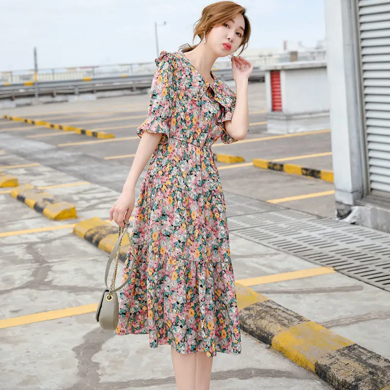 Vestido feminino vintage estilo japonês peter pan colarinho meia manga rústico floral babados verão moda feminina chique casual vestidos