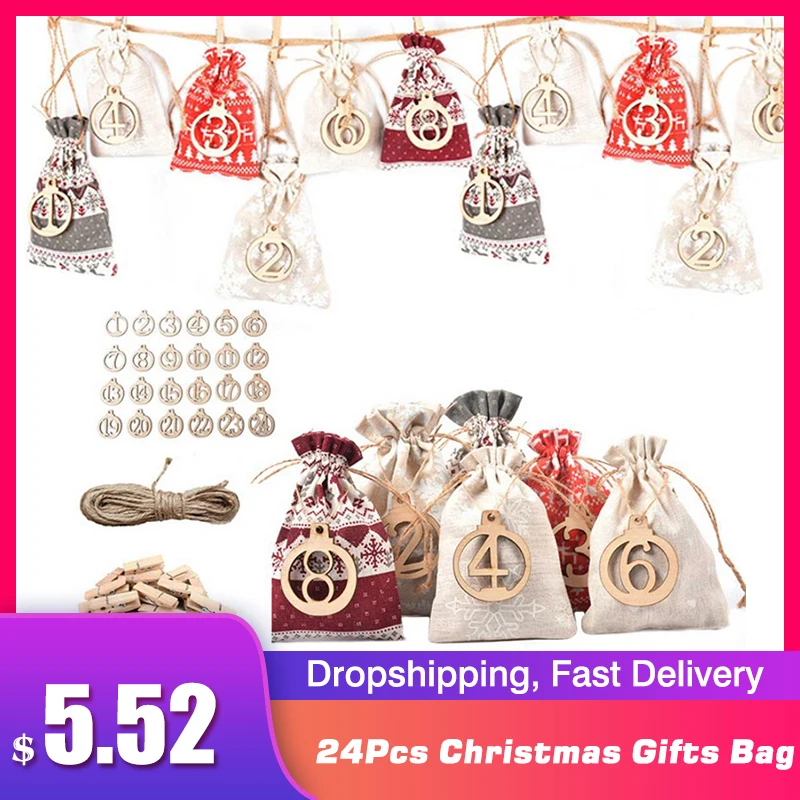 24PCS Christmas Advent Calendar Countdown Bag Hanging Candy Gift Sacks Pouch DIY Christmas Decoration with Clips Stickers Rope