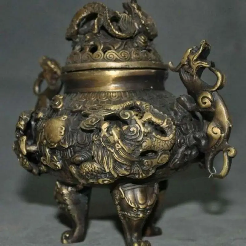 old Chinese bronze Dragon Brave troops Pixiu beast Incense burner Censer