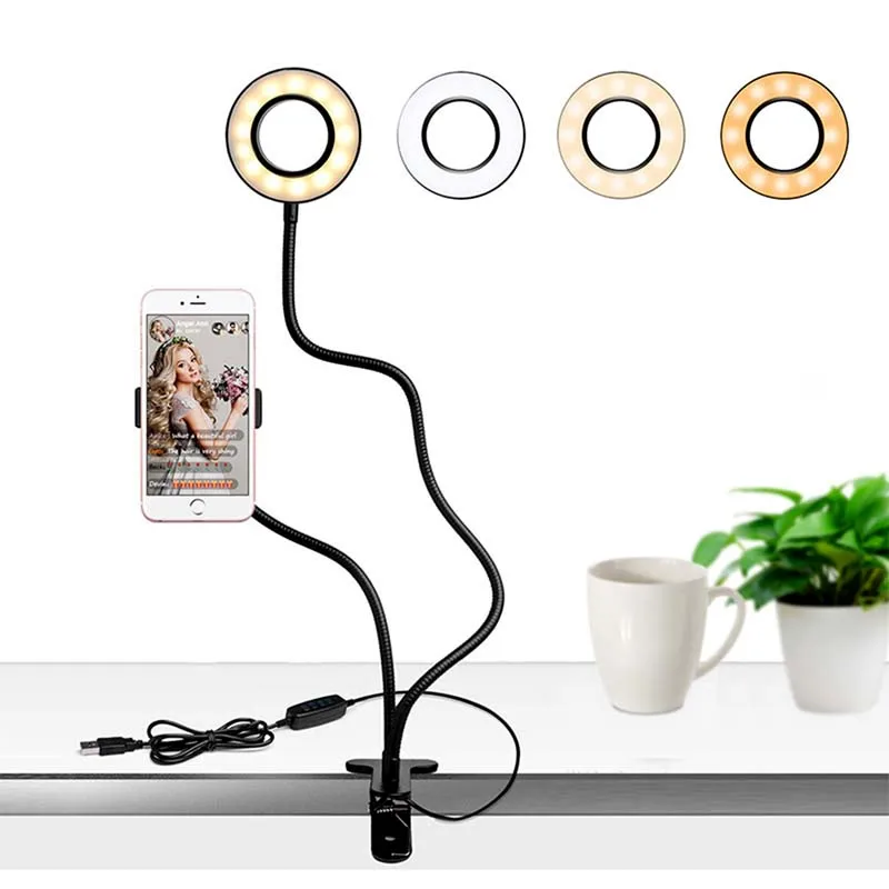 

Lazy Bracket Cell Phone Holder with Selfie Ring Light for Live Stream, ,Clamp with LED Selfie Light Suit for Mobile iPhone