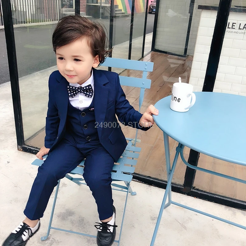 Kids Blazer Vest pants 3Pcs Set Flower Boys Wedding Suit Children Formal Tuxedo Performance Host Dance Party Dress Costume