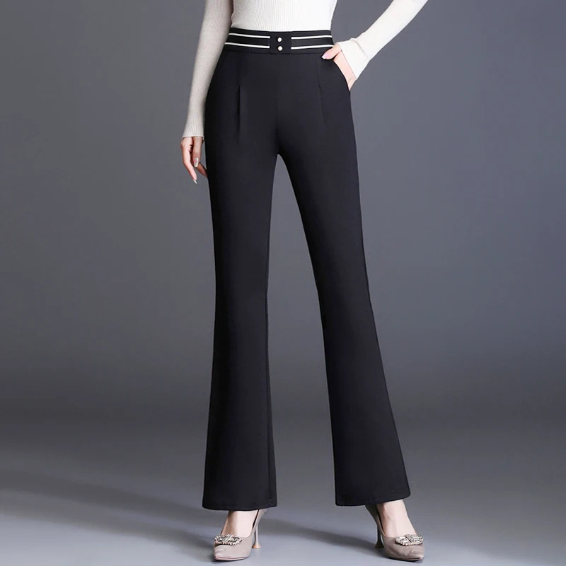 

Spring Black Flare Pants Suits High Waisted Trouser Women Fashion Office Pan Ts Chic Elastic Striped Waist Elegant 4XL 5XL