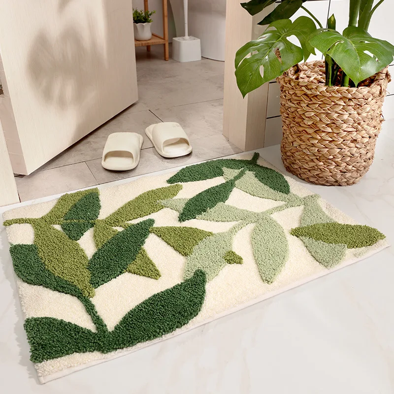 Door Mat Green Leaves Flocking Bath Mat Non-slip Absorbent Microfiber Bathroom Rug Welcome Home Entrance Super Soft Bath Carpet