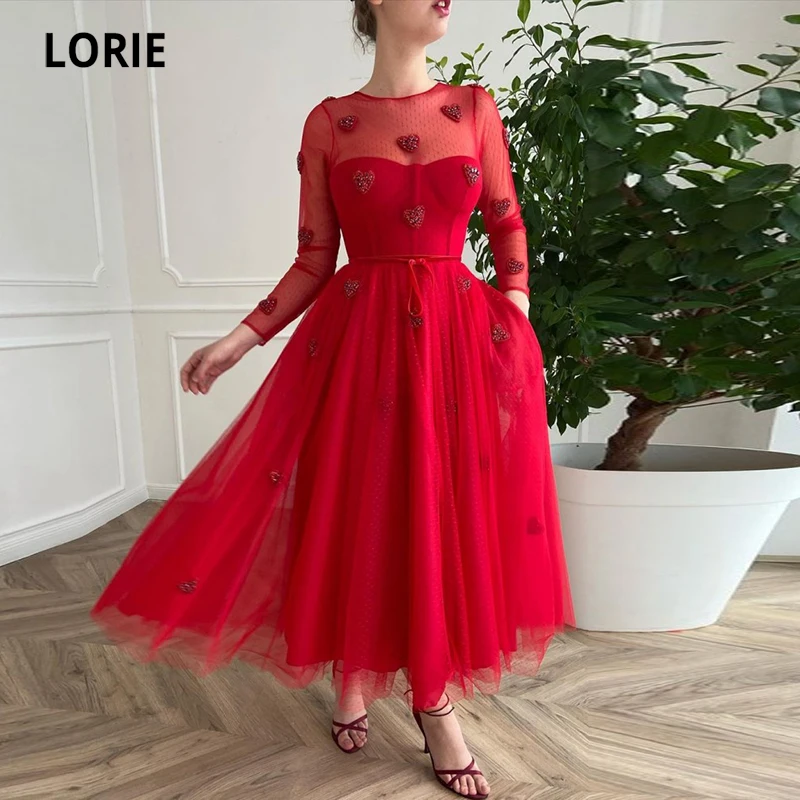 LORIE Rot Prom Kleider Oansatz Perlen A-Line Lange Ärmeln Tee Länge Polka Dot Tüll Arabisch Hochzeit Party Kleid für Graduation