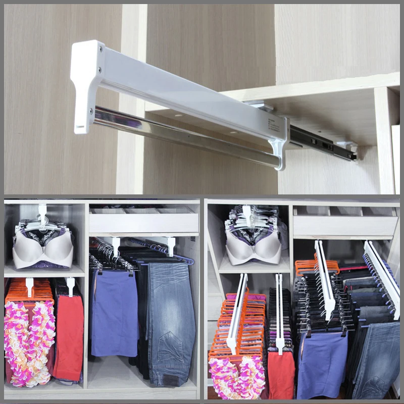 Heavy Duty Pull-Out Closet Valet Rod Adjustable Wardrobe Clothing Rail Top Mount Wardrobe Hanger Rack Bar Ball Bearing Slide