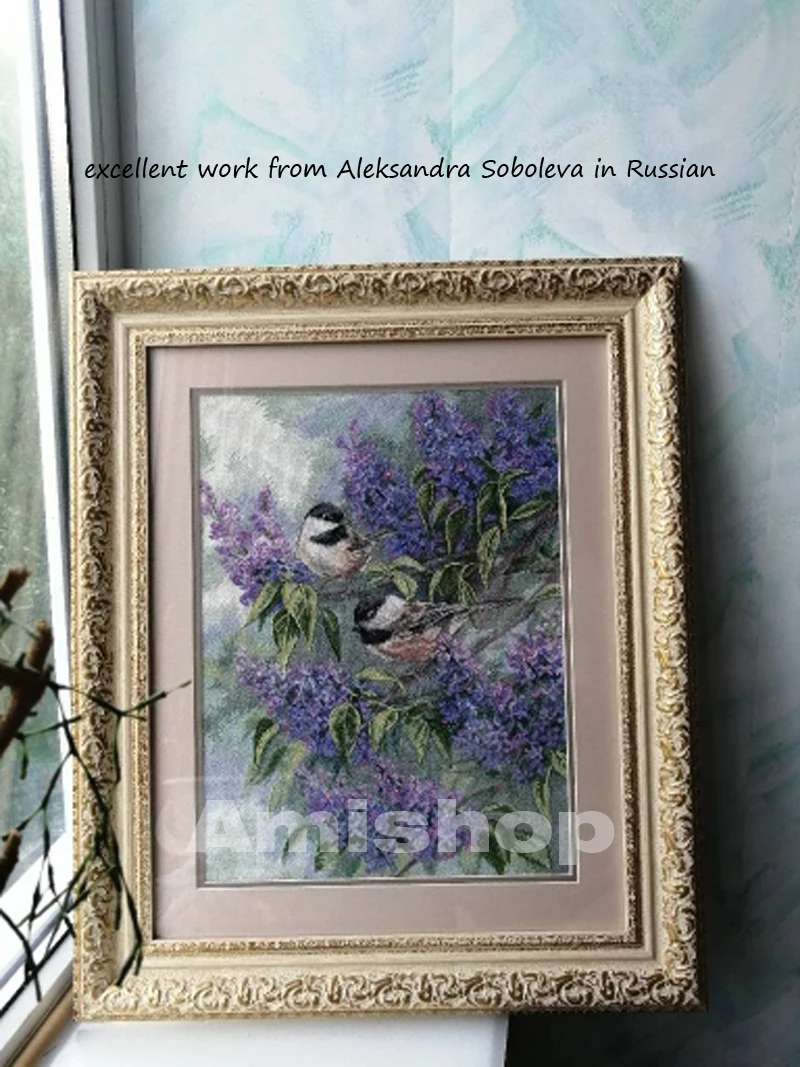 Amishop Counted Cross Stitch Kit, Chickadees and Lilac, Purple Flower and Bird Dim 35258, Top Quality, Lovely, Cute