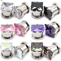 Alisouy 2pcs Stainless Steel Square Zircon CZ Screw Ear Gauges Plugs Tunnel Expander Earring Stretcher Piercing Body Jewelry