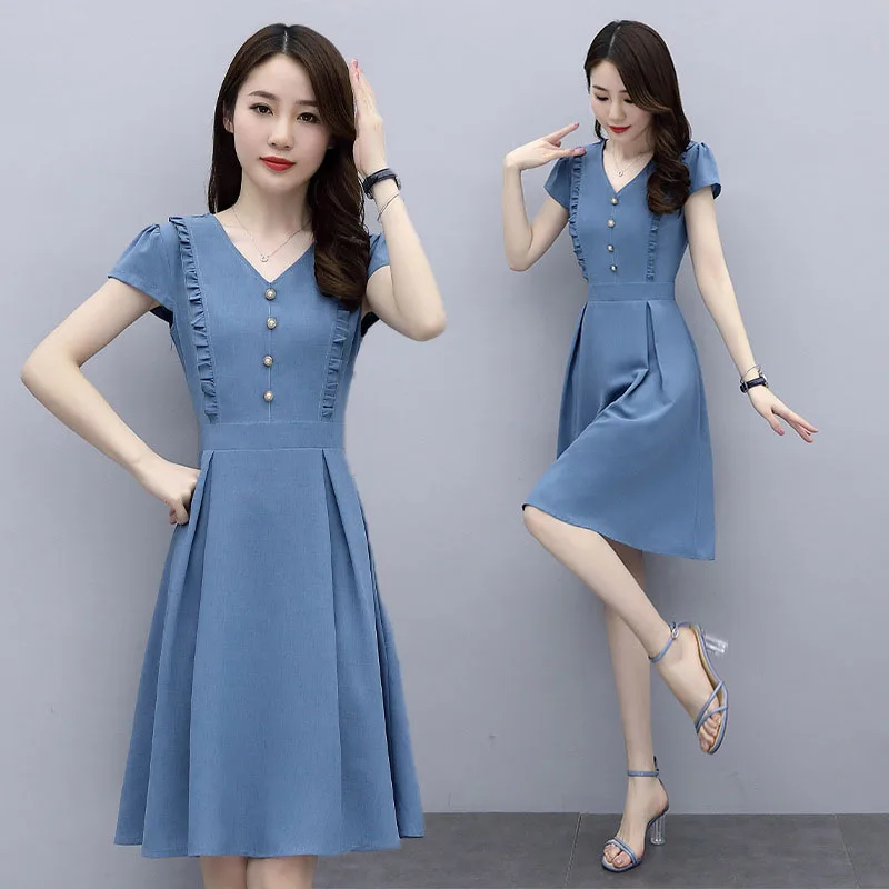 2022 New Dress Women Summer Dresses Short Sleeve Elegant Lady Solid color V-neck Women's Dressss Vestidos Ladies Office Dress