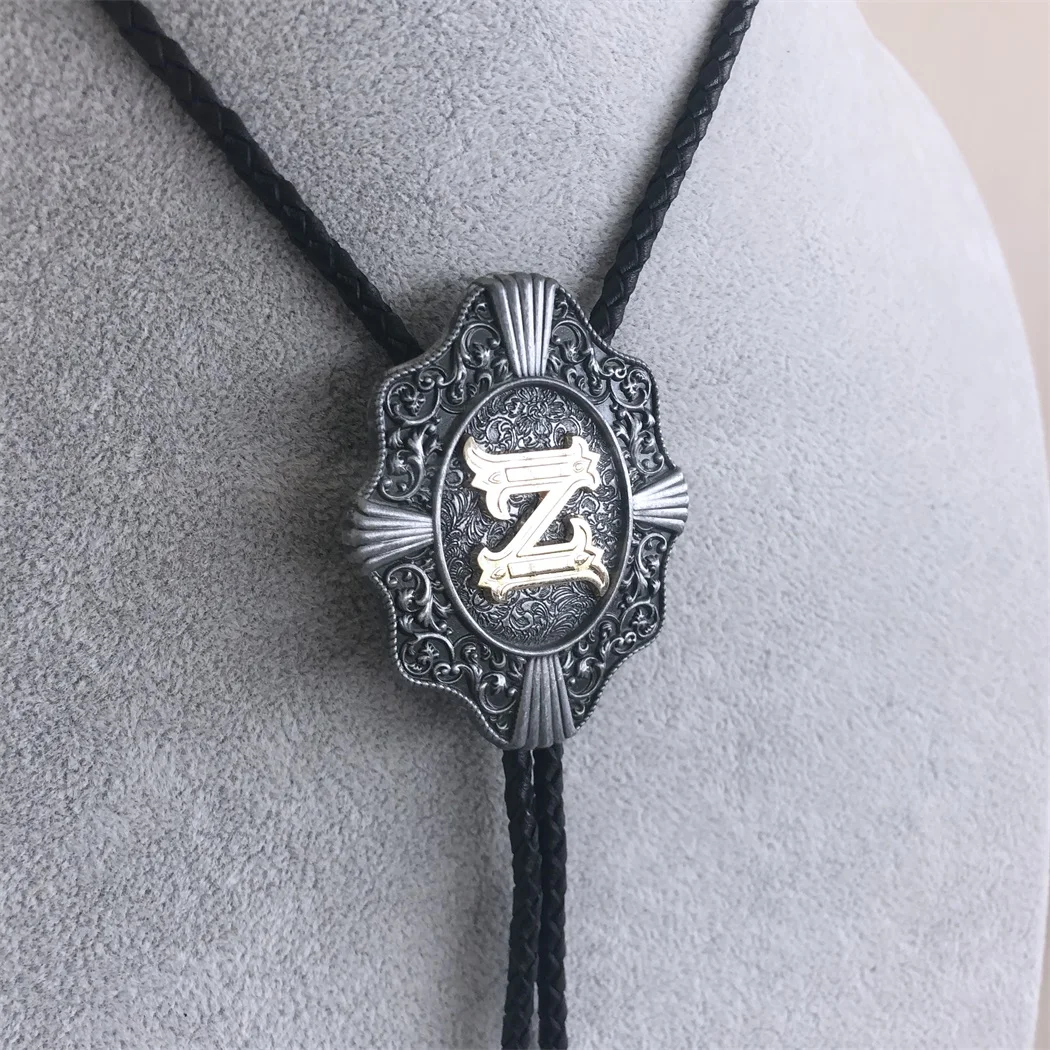 Vintage Style Initial Letter From A to Z Western Wedding Bolo Tie Neck Tie Leather Necklace