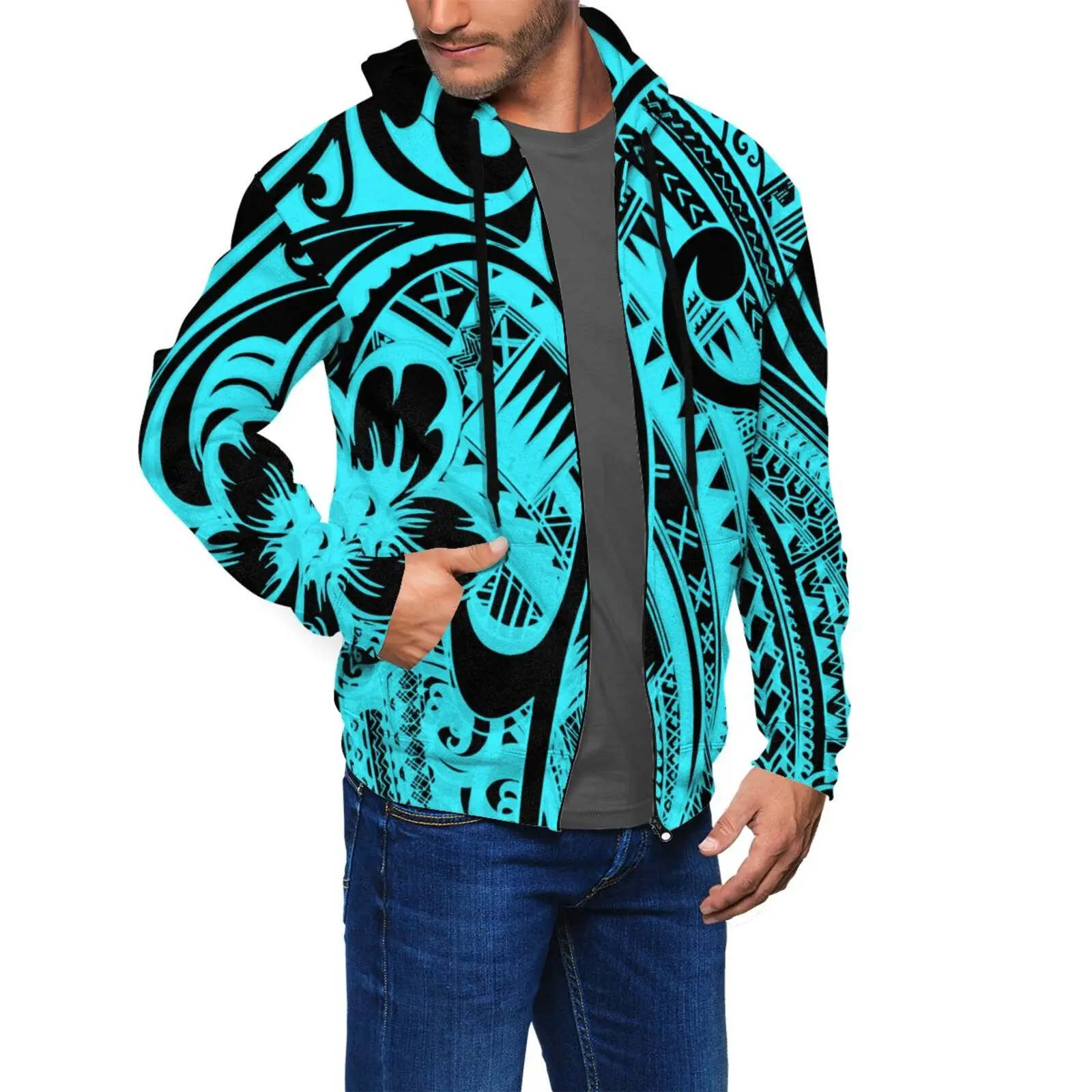 

High Quality Drop Shipping Tribal Design Polynesian Print Men Zipper Hoodie Streetwear Pocket Factory Custom OEM Plus Size 6XL