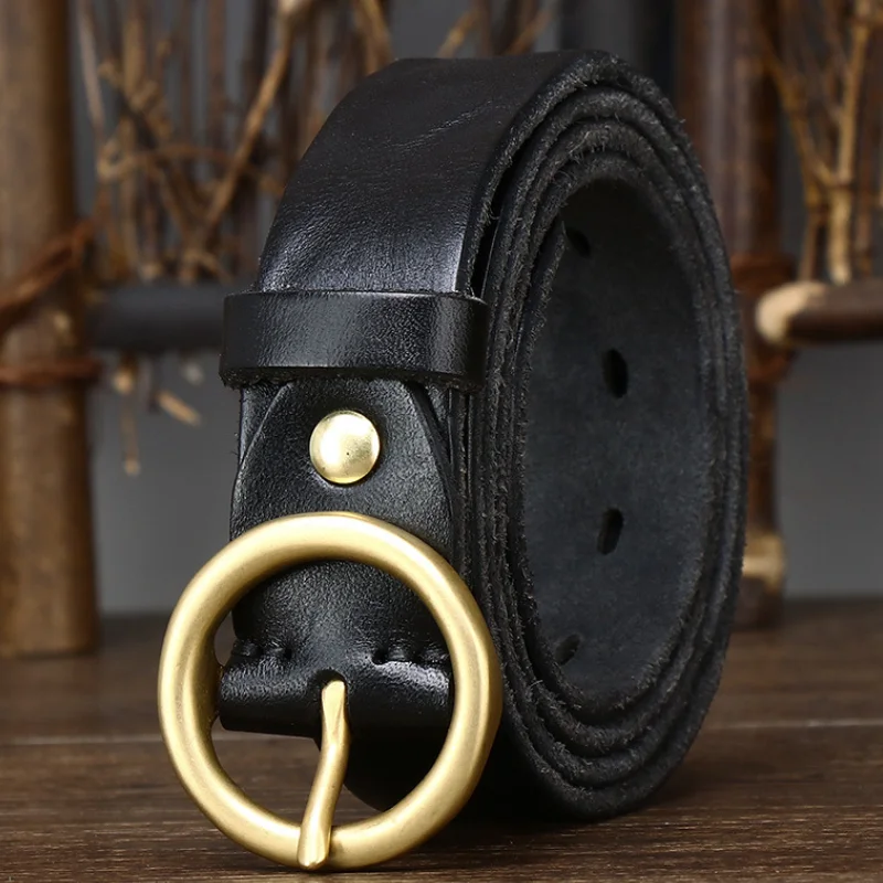 3CM Wide Men's Belt Retro Style Circle Buckle Belt Leather Pin Buckle Pure Cowhide All-match Fashion Designer Belt Pure Color