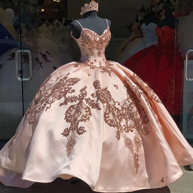 Vestido de festa com alças espaguete 16 quinceanera, doce, com apliques de lantejoulas, frisado, amor, concurso, garota mexicana, vestido de aniversário