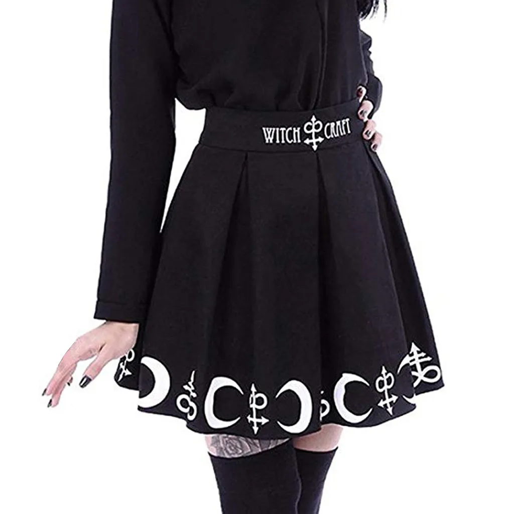 Mini Skirt Women Gothic Punk Witchcraft Moon Skirts Womens Magic Spell Symbols Pleated юбка