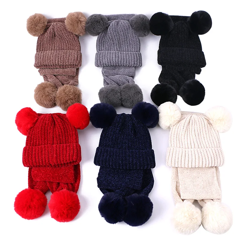 Cute Baby Pompon Hat Scarf Set Thicken Warmer Children Hat Scarf For Girls And Boys Knitted Kids Caps With Lining Two Piece Sets