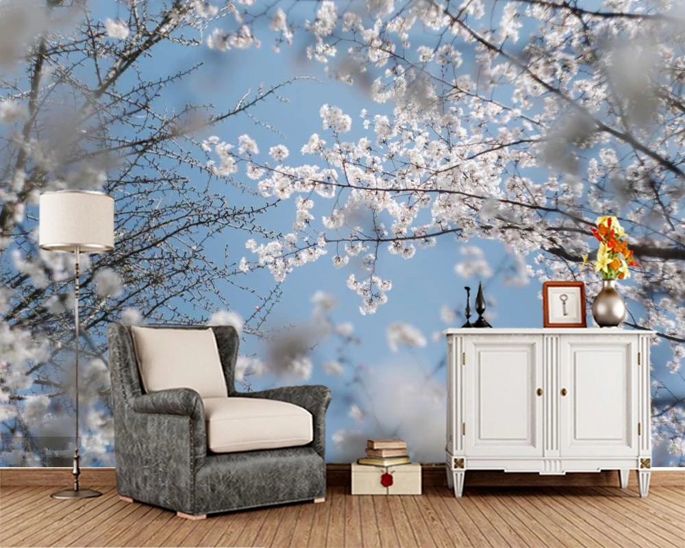 Papel de parede White cherry blossoms flower 3d wallpaper mural,living room tv wall bedroom home decoration