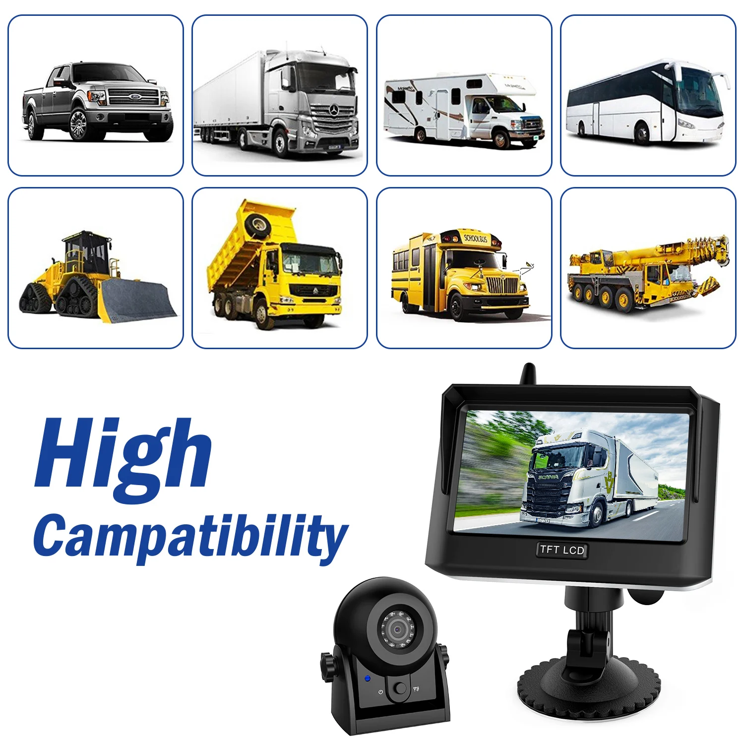CAMECHO WIRELESS Visione Notturna Retrocamera Auto, 4.3 Pollici IPS Telecamera Posteriore con IP68, Aiuto alla retromarcia, Installazione Consigliata per Camper Camion Furgone Caravana 12V