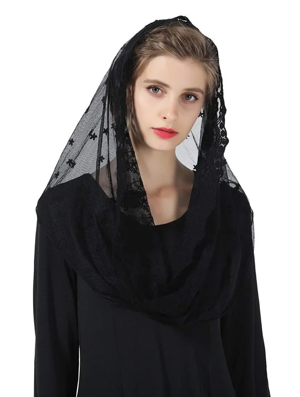 Ivory Black Muslim Catholic women\'s Lace Shawl religious veil