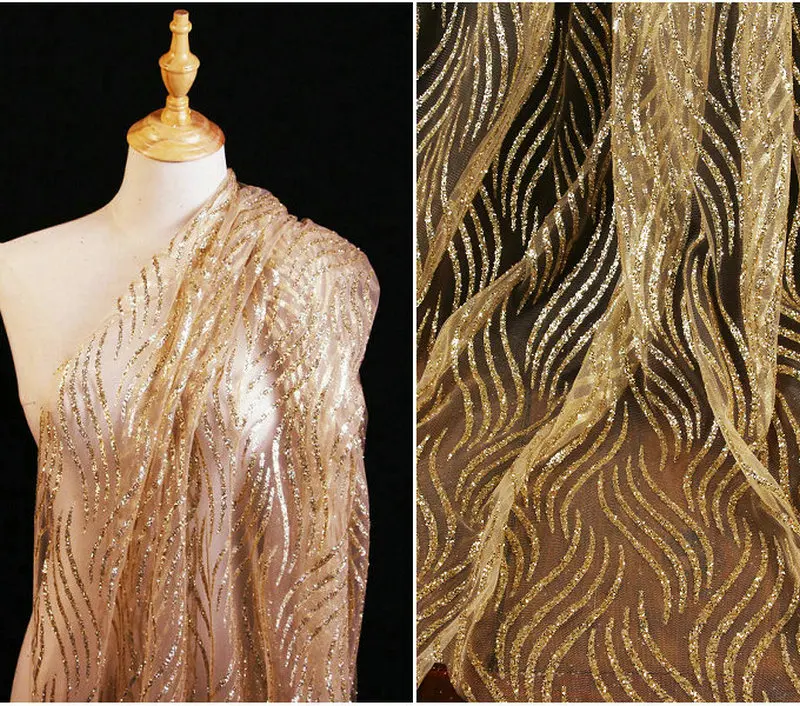 GLace 1Y/lot Gold striped sequined mesh sewing fabric for wedding dress DIY handmade material TX1448