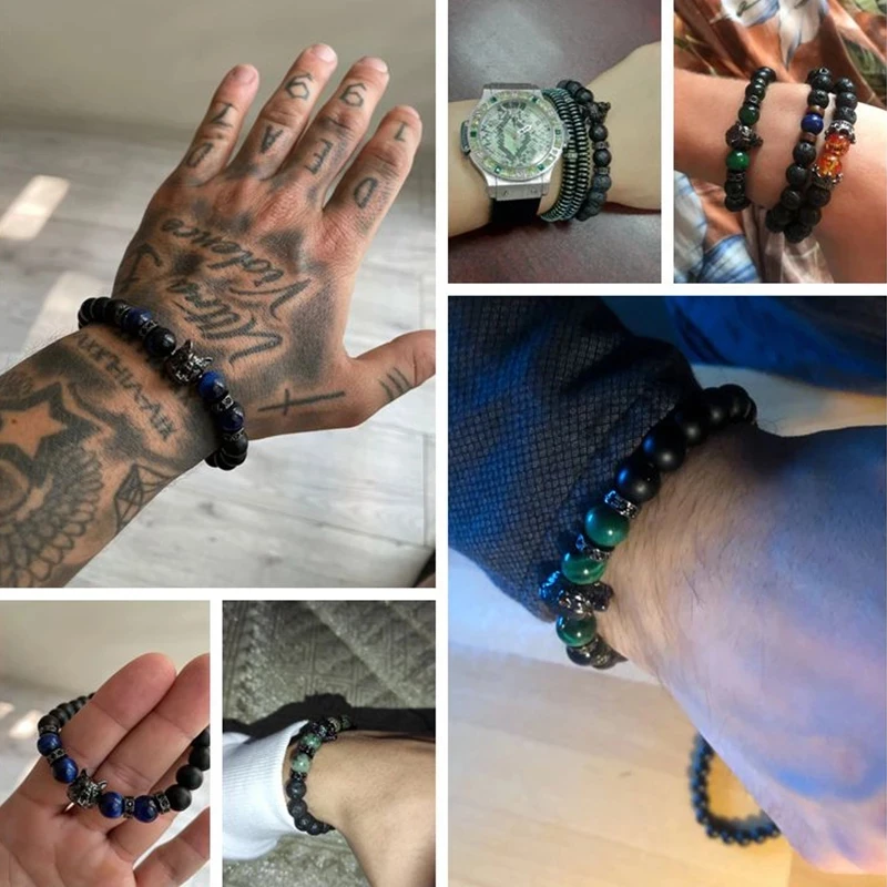 New Handmade 8mm Beaded Bracelet Men Natural Stone Blue Tiger Eye Beads Bracelet Black Wolf Head Charm Energy Bracelet Jewelry