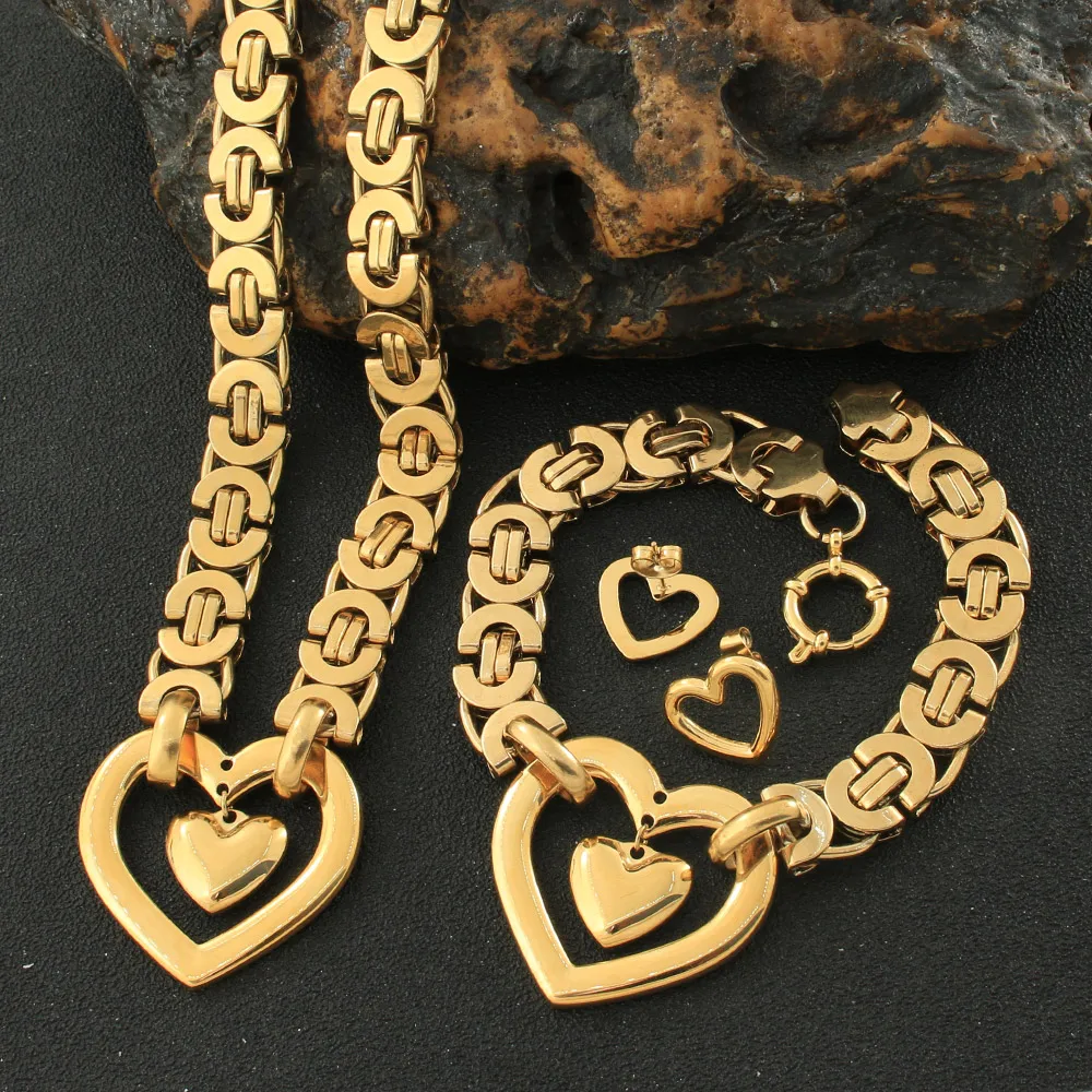 Fashion Stainless Steel Vintage Heart Necklace And Bracelet Earrings Jewelry Sets For Woman Girls Man Joyas Store SCAEACCF