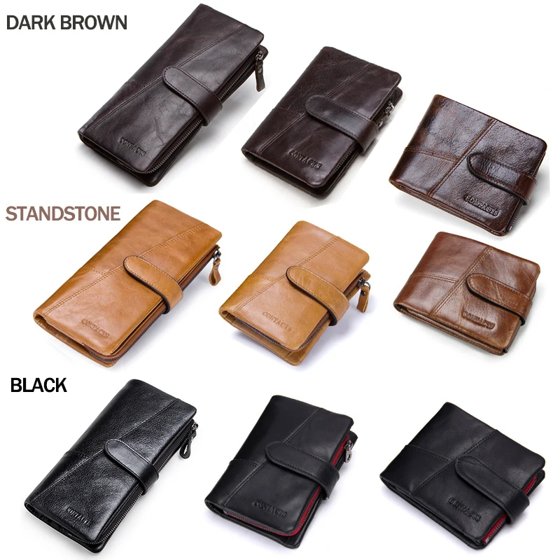 CONTACT\'S Genuine Crazy Horse Cowhide Leather Men Wallets  Fashion Purse With Card Holder Vintage Long Wallet Clutch Wrist Bag