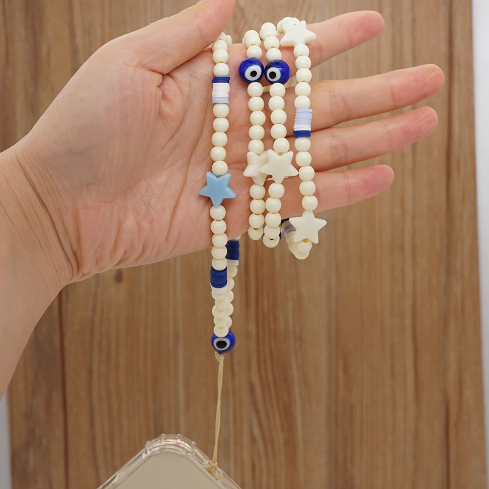 Phone Strap Lanyard Phone Chain Beads Star Charm Evil Eye Necklace For Women Telephone Jewelry Hangs Mobile On Neck