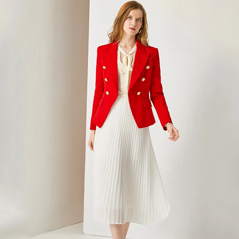 HarleyFashion European American Women Casual Blazer Double Breasted High Quality Red Blazers
