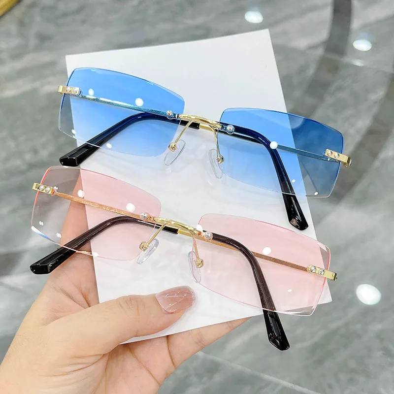 

Fashion Small Rectangle Women Sunglasses Vintage Rimless Clear Ocean Gradient Sun Glasses Brand Designer Men Shades UV400