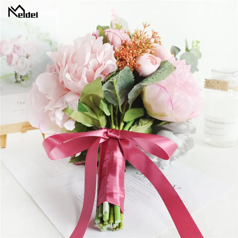 Meldel-ramo de flores para novia, rosa de seda Artificial, peonía rosa, flores de sujeción, decoración de fiesta en casa