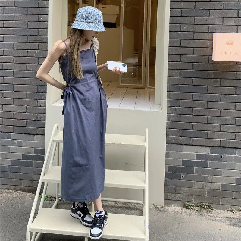 Sleeveless Dress Women Chic College All Match Solid Elegant A-line Summer Simple Spaghetti Strap Basic New Leisure Fashion Lady