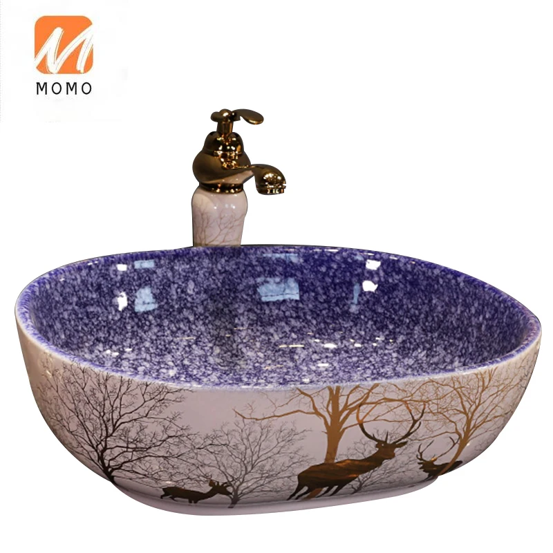 Modern Design Elk Pattern Sapphire blue Hand painted Ceramic Wash Basin Bathroom Sink