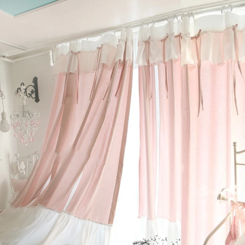 

Ins 100% Cotton Pink Curtains for Girls Bedroom Princess Cortinas with Bowknot and Ruffle Screen Curtain Drapes for Cafe Studios