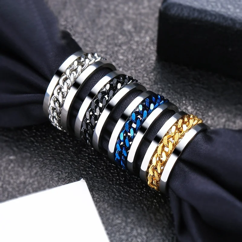 Hiphop Rock Stainless Steel Ring for Men Bottle Openner Punk Ring with Rotatable Chain Cool Jewelry for Women Party Gift WC007