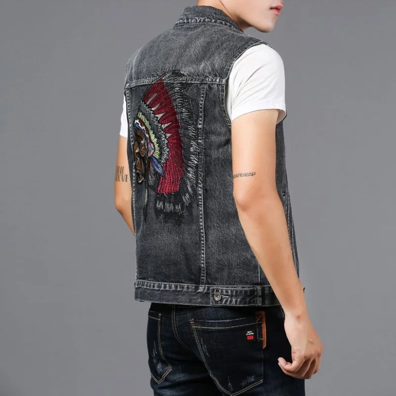 

Slim Mens Fit Sleeveless Denim Vest Jacket Single Breasted Vintage Embroidery Waistcoat Fashion Streetwear Biker Jean Tops Vests