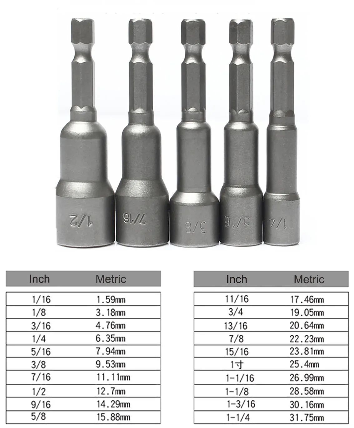 Magnetic Hex Soquete Sleeve Bit, Nut Driver, Drivers de impacto, Brocas Ferramentas manuais, 1,4, 3,8, 1,2, 5,16, 7,16 polegadas, 1,4, 3,8