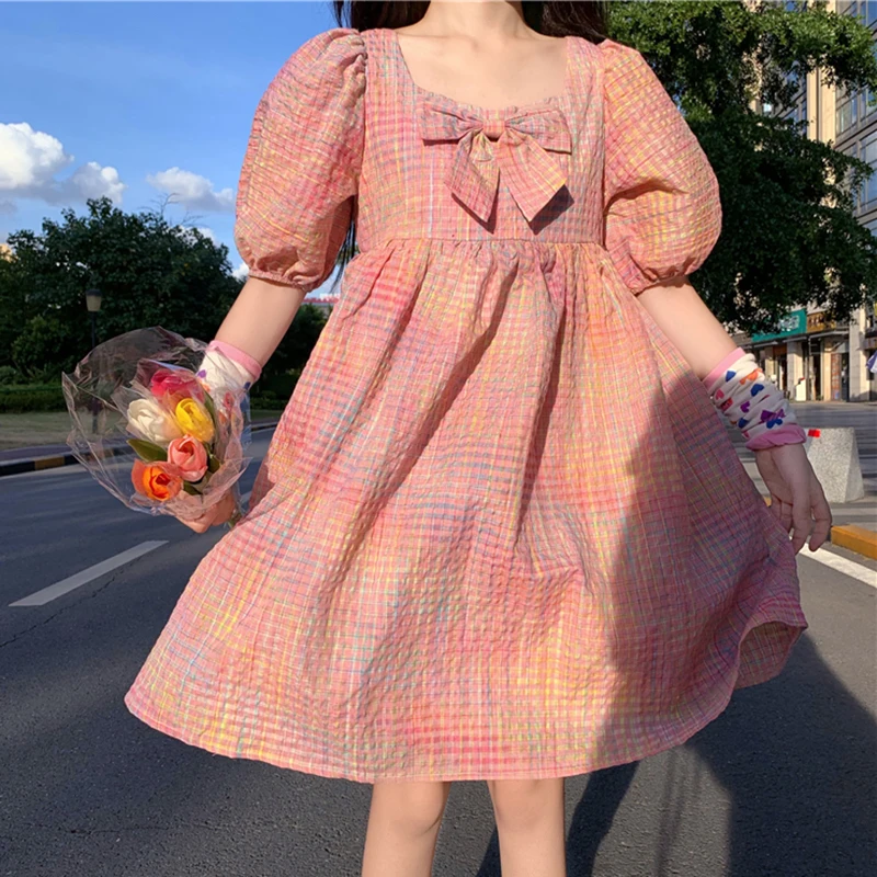 

Japanese Square Collar Bow Stitching Pleated Puff Sleeve Contrasting Color Plaid Dress Female 2020 Summer Sweet lolita dress